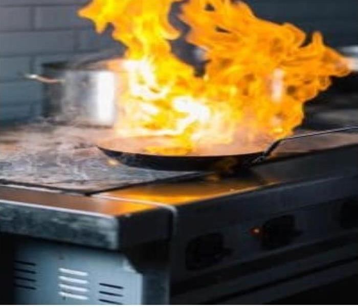 A grease fire in a kitchen pan